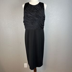 Halston Heritage Women Sheath Cocktail Dress Size 14 Black Shimmer Ruched Bodice
